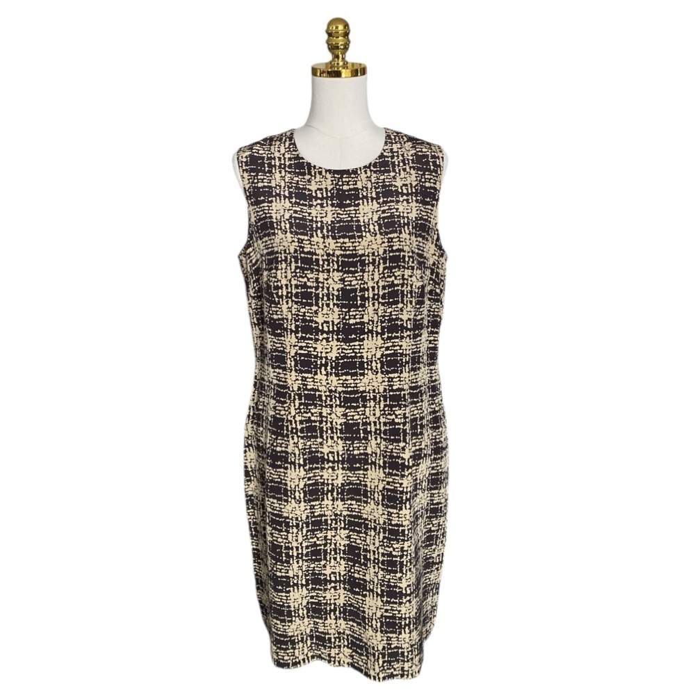 TALBOTS Elegant Brown & Cream Sleeveless Pure Silk Y2K 80s Women’s Dress Size 14
